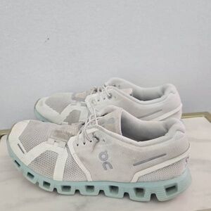 On Cloudmonster White Gray Sneakers with Aqua Sole Size 6